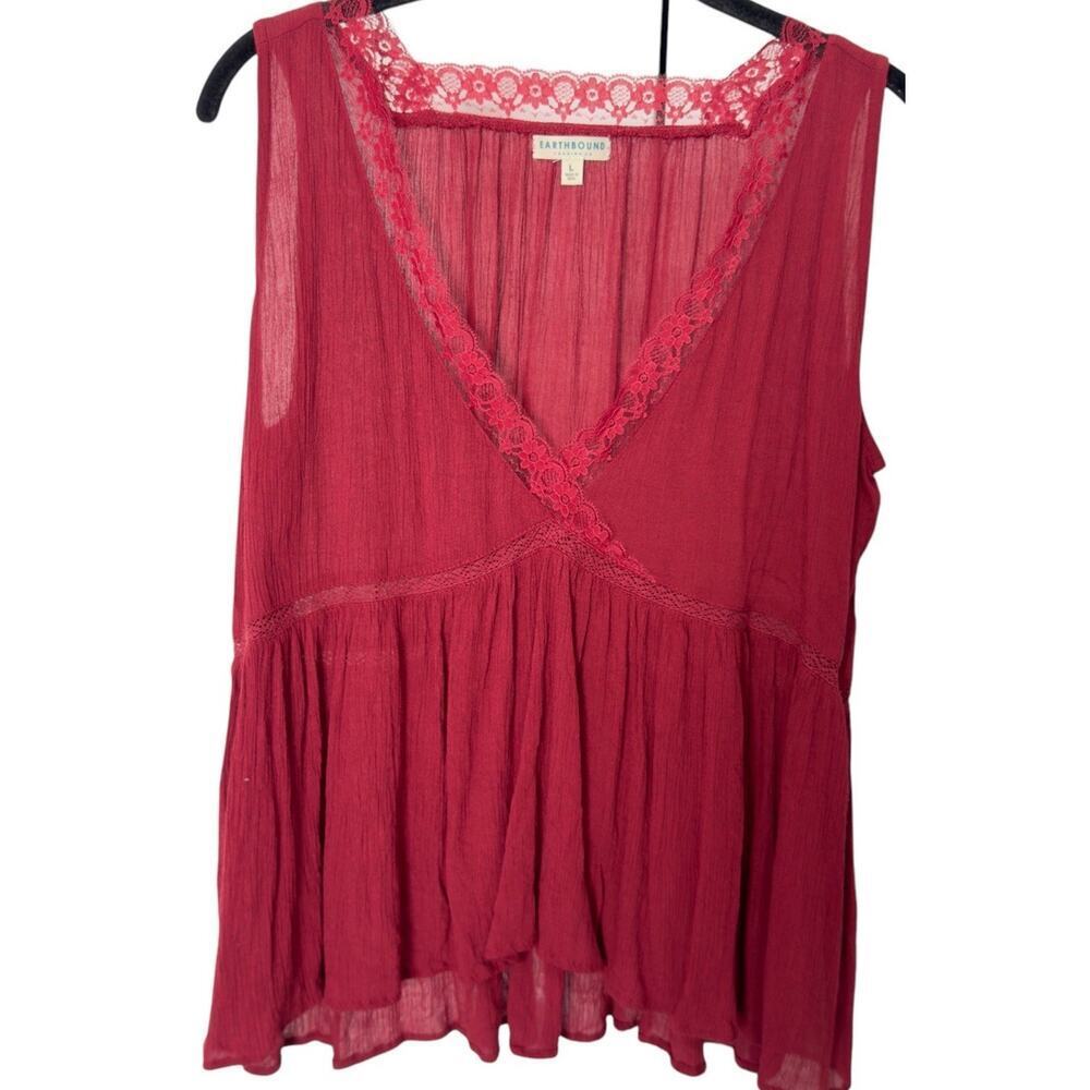 Earthbound Trading Co Sz L Sleeveless V Neck Gauzy Peasant Top Lace Burgundy